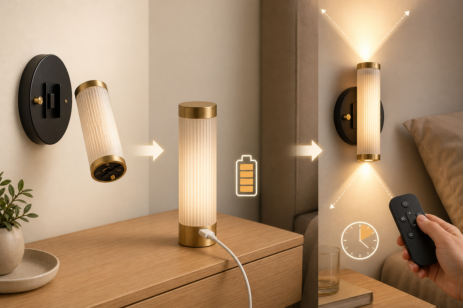 Wireless wall sconce being removed, charged by USB and controlled by a remote