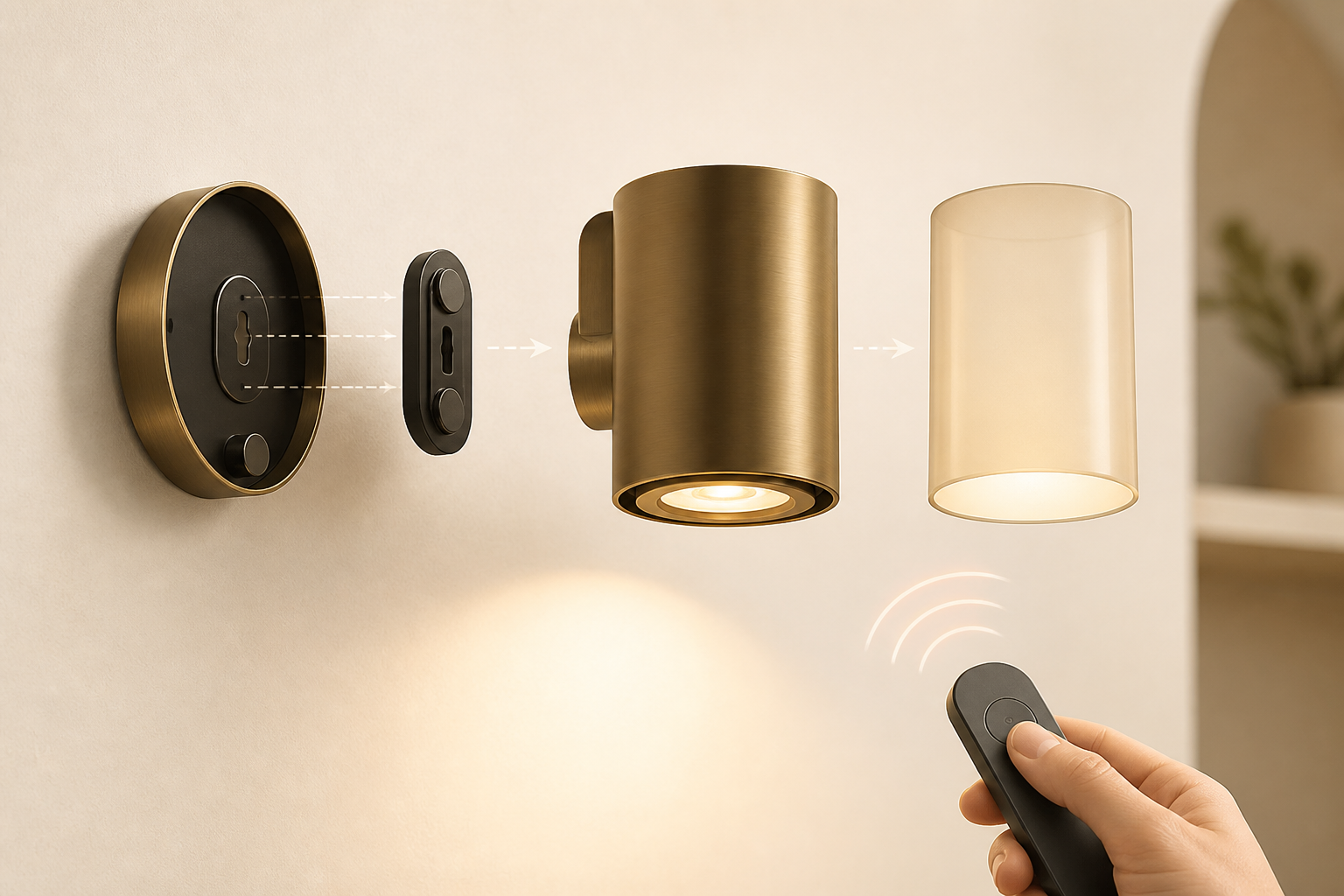 Exploded view showing the mounting plate, removable wireless wall sconce, diffuser and remote control