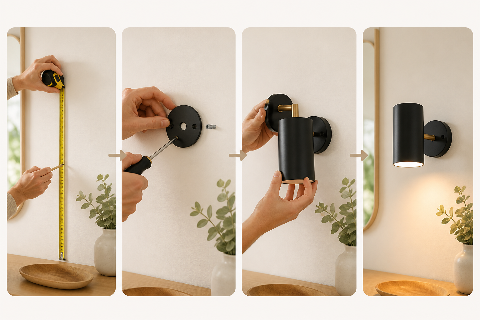 Four visual steps for measuring, fixing a mounting plate, attaching a wireless sconce and testing the light