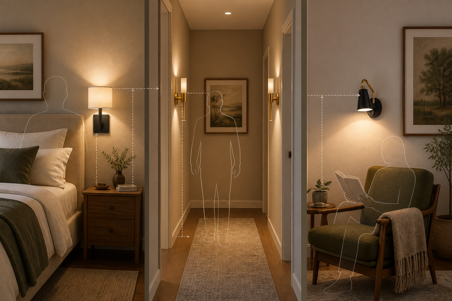 Bedroom, hallway and reading corner examples showing sensible wall sconce height and light direction